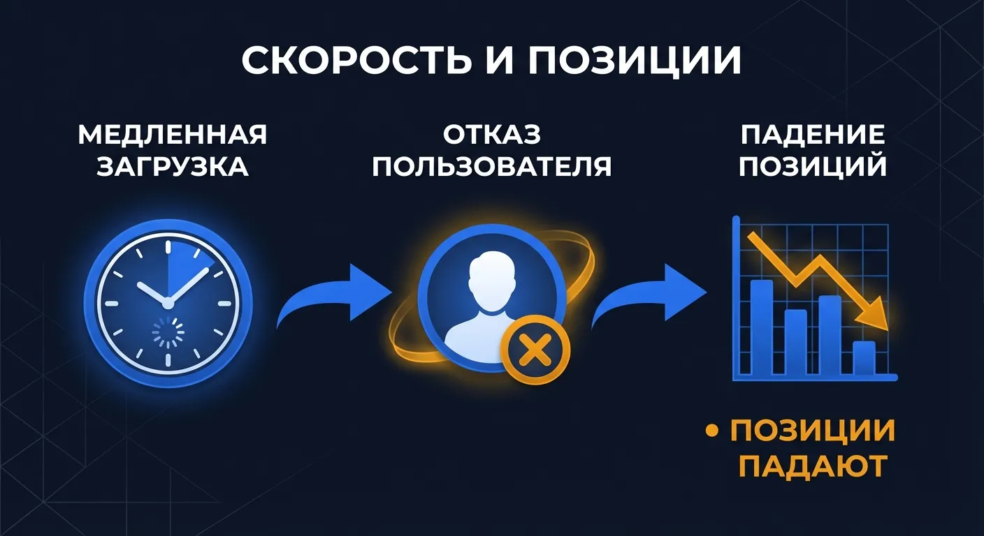 Диаграмма: цепочка влияния скорости загрузки на позиции - медленная загрузка, отказ, падение в выдаче