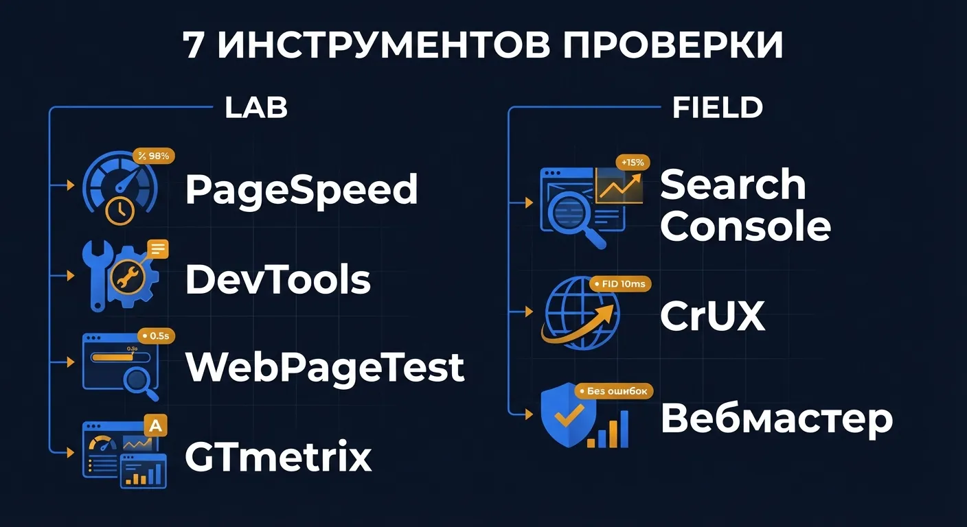 Инфографика: 7 инструментов проверки скорости сайта - PageSpeed, Search Console, DevTools, Яндекс.Вебмастер