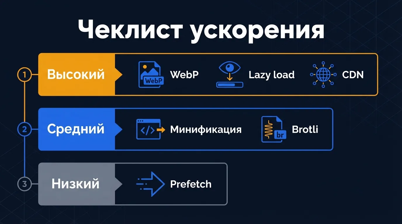 Чеклист ускорения сайта: приоритеты оптимизации от WebP и lazy load до prefetch и минификации