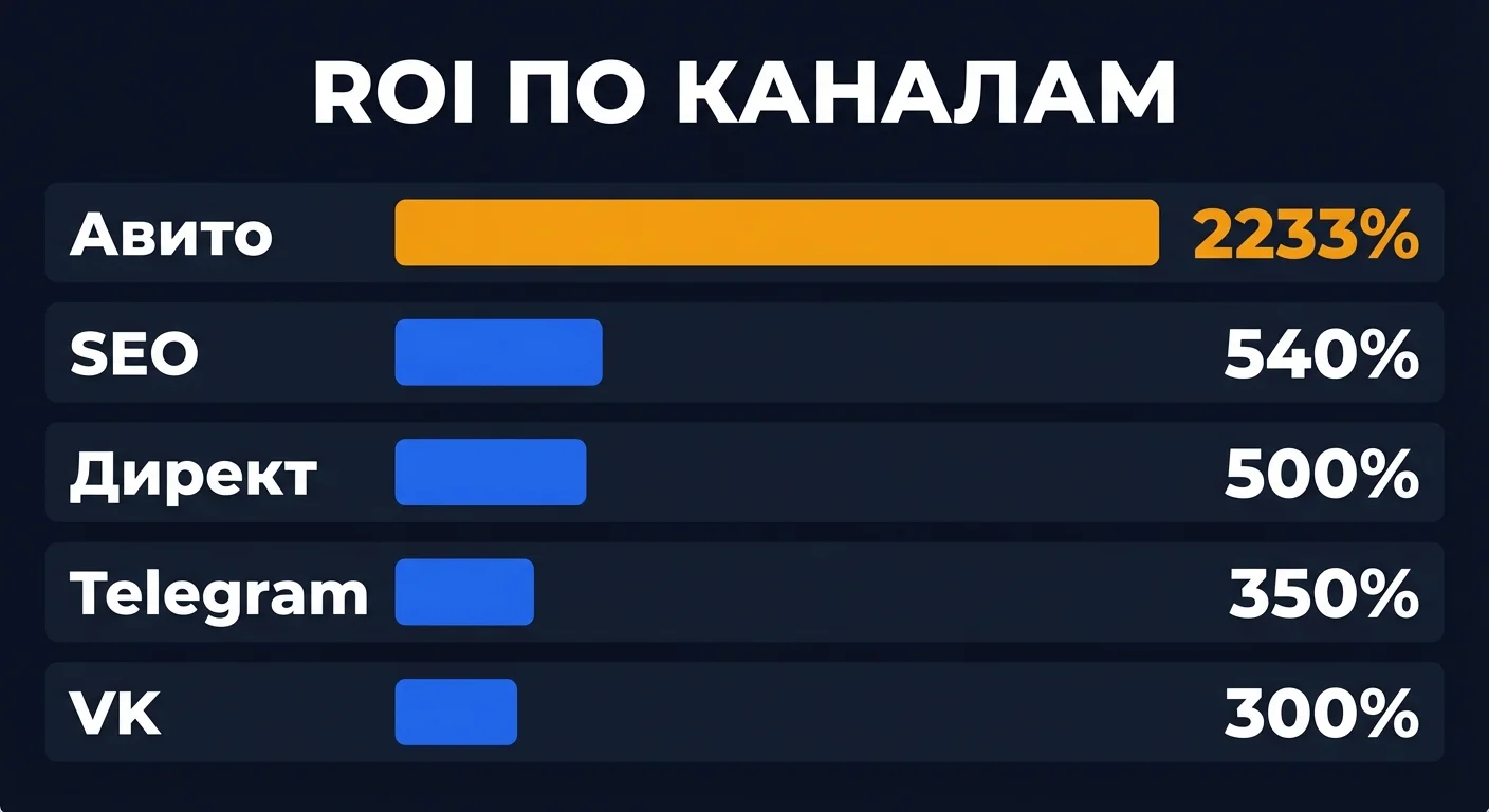 Dashboard: ROI по пяти рекламным каналам - SEO, Директ, VK, Telegram и Авито в сравнительной диаграмме