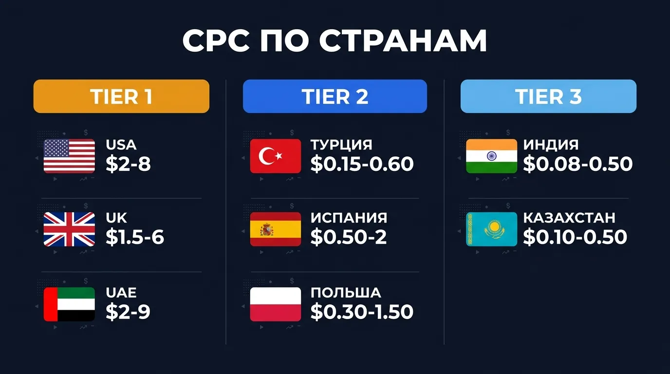 Сравнение стоимости клика Google Ads по странам: Tier 1 США и Европа, Tier 2 Турция, Tier 3 Индия