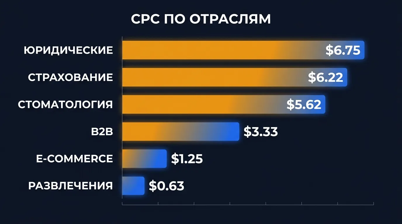 Инфографика CPC в Google Ads по отраслям: от $0.58 в развлечениях до $6.75 в юридических