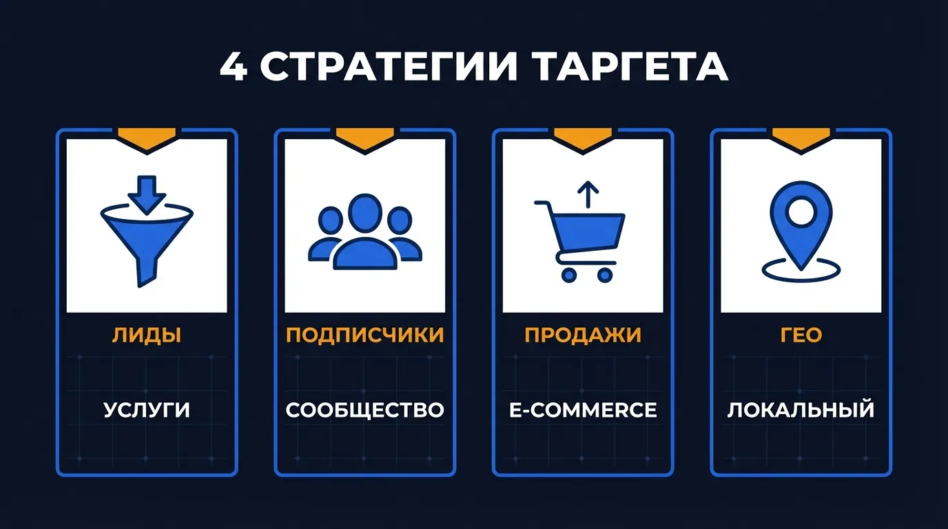 Инфографика: четыре стратегии таргета ВКонтакте — лиды для услуг, подписчики, e-commerce, локальный бизнес
