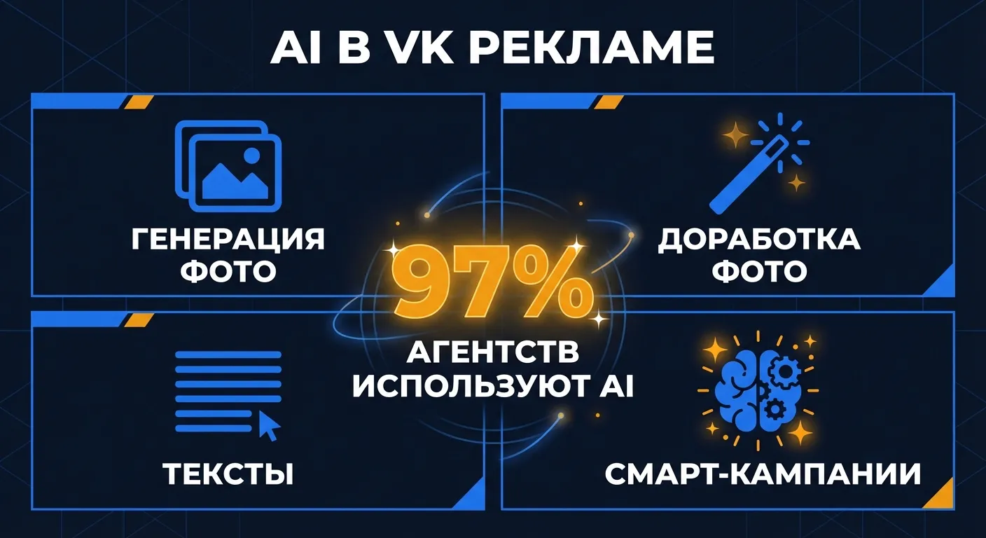 Инфографика: AI-инструменты VK Рекламы — генерация фото, доработка креативов, тексты, смарт-кампании, 97% агентств