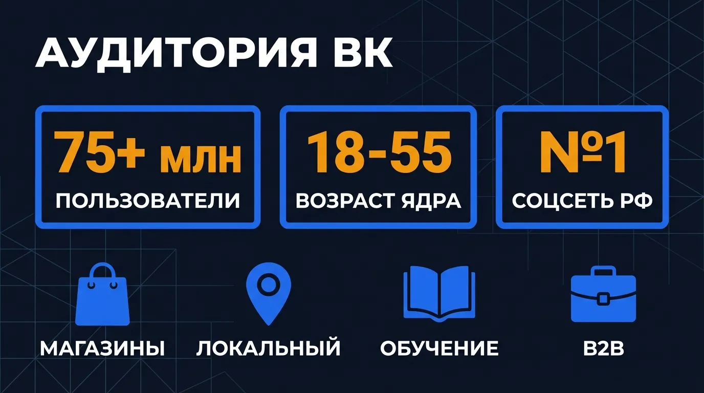 Инфографика: аудитория ВКонтакте — 75+ млн пользователей, возрастное ядро 18-55, ниши для таргетированной рекламы