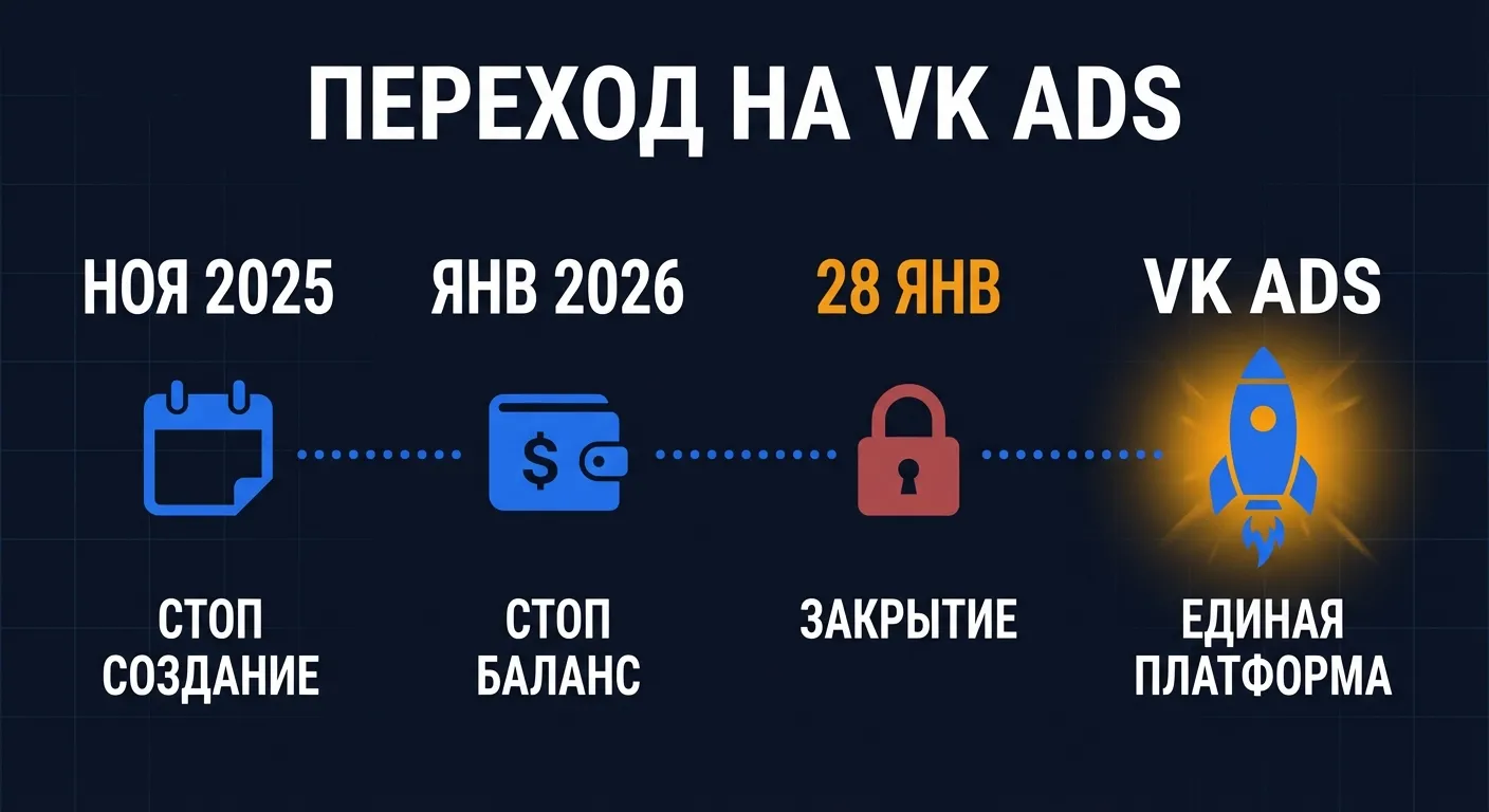 Таймлайн перехода на VK Ads: ноябрь 2025 — стоп создание, январь 2026 — закрытие старого рекламного кабинета ВК