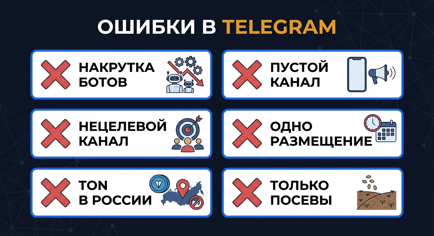 Чеклист: шесть типичных ошибок при запуске рекламы в Telegram — накрутка, пустой канал, TON