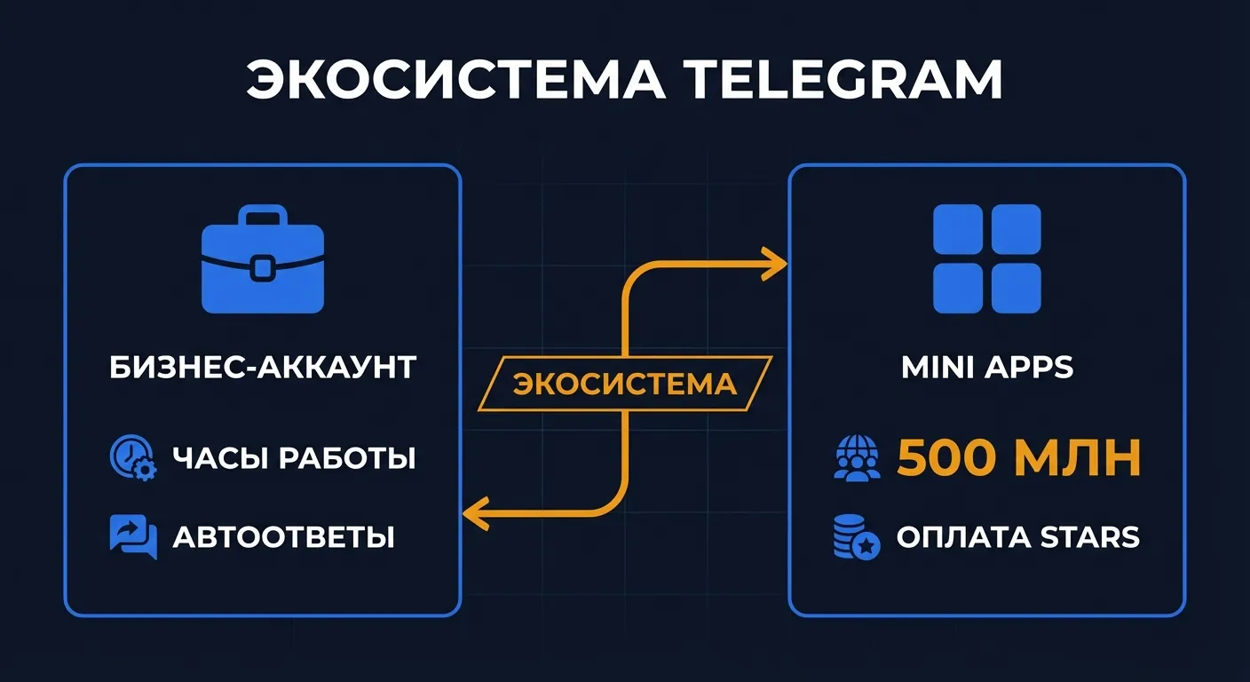 Инфографика: экосистема Telegram для бизнеса — бизнес-аккаунт и Mini Apps с оплатой Stars