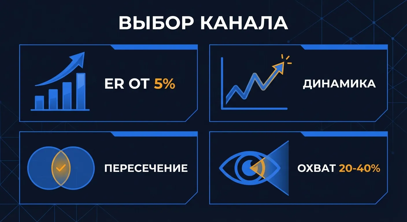 Инфографика: критерии выбора канала для посевов — ER от 5%, динамика, пересечение, охват