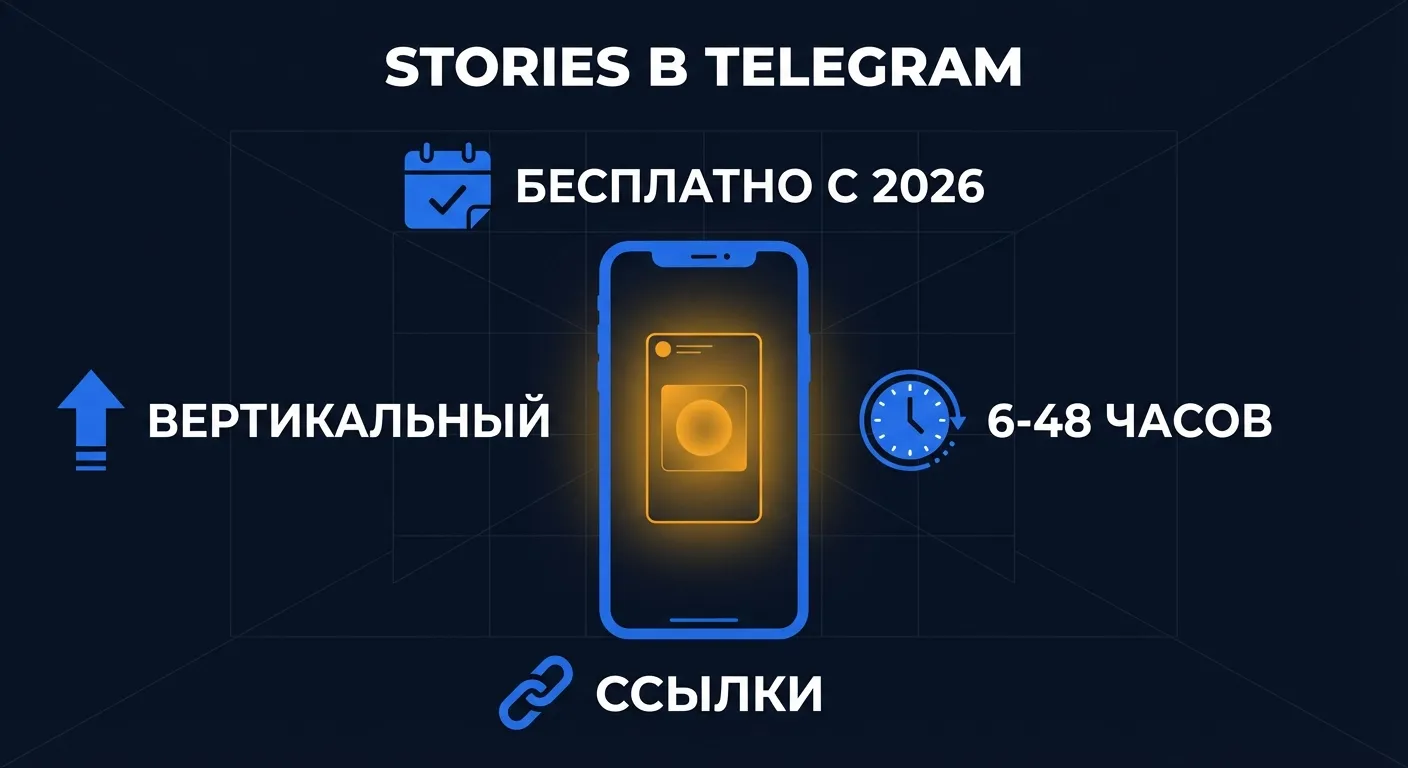 Инфографика: рекламный формат Stories в Telegram — бесплатно с 2026, вертикальный, со ссылками
