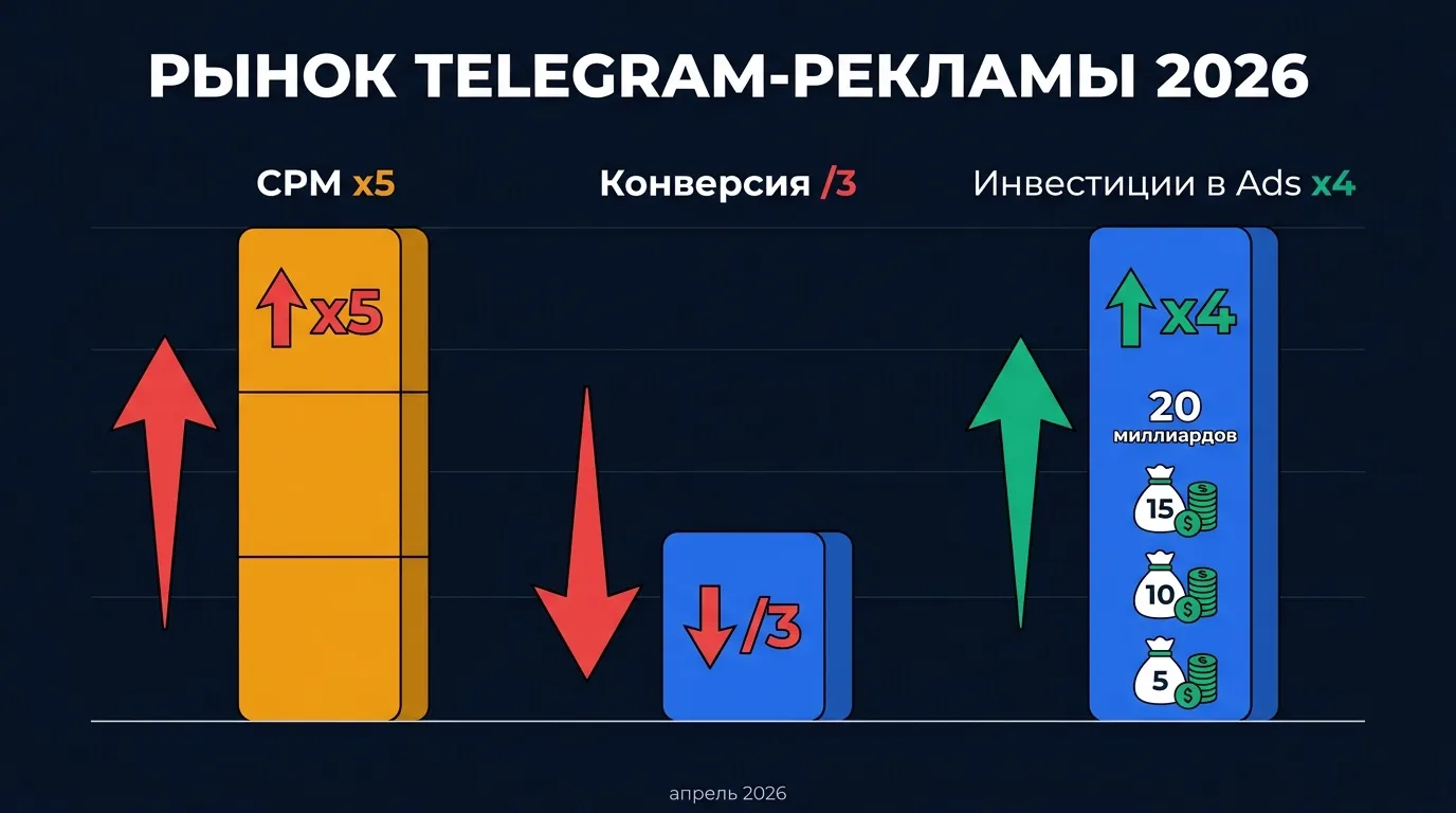Рынок Telegram-рекламы 2026: CPM в Telegram Ads вырос в 5 раз, конверсия упала в 3 раза, инвестиции в Ads выросли в 4 раза