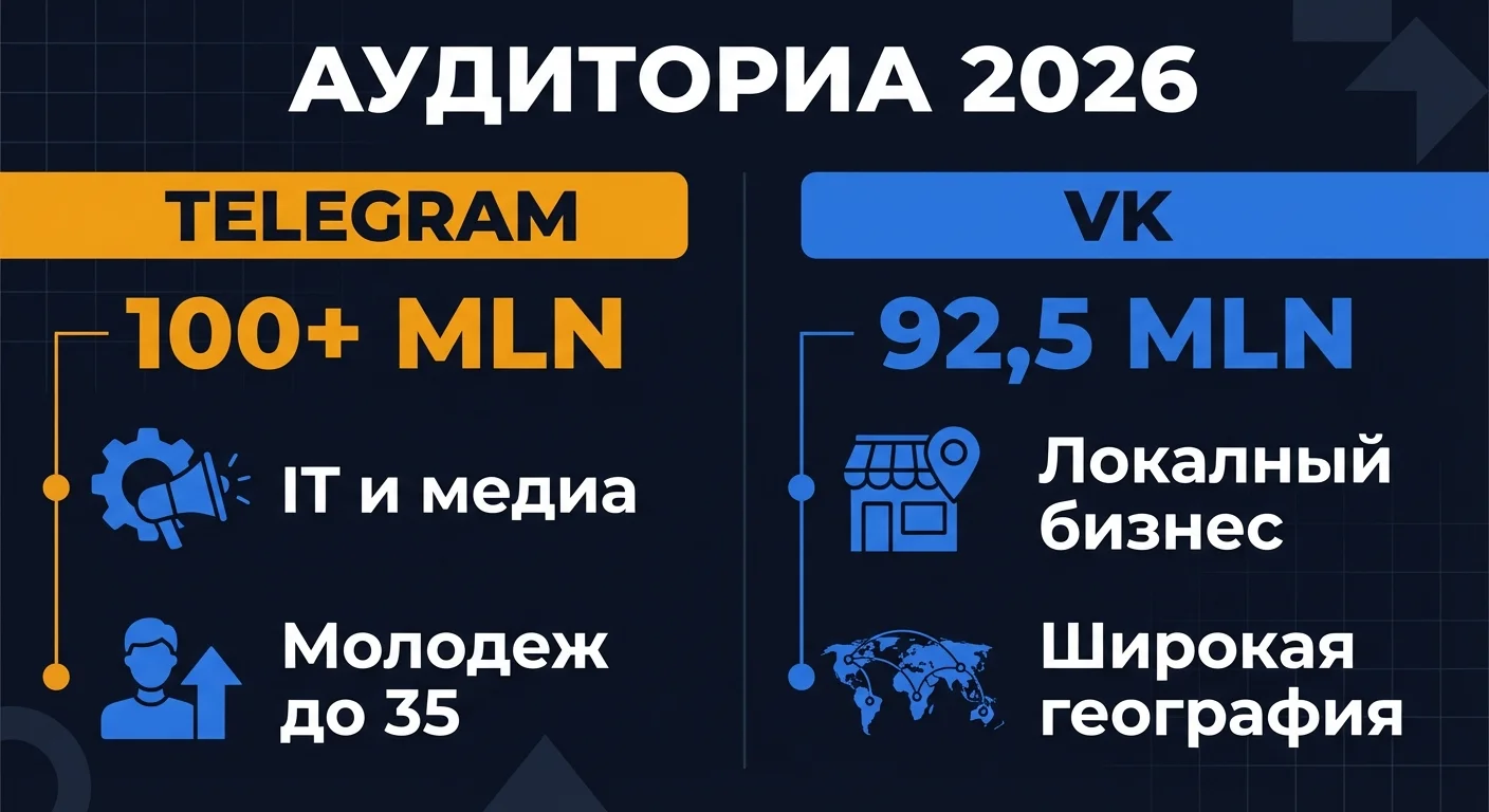 Инфографика: аудитория Telegram и ВКонтакте в России 2026 - MAU, демография и лучшие ниши для рекламы