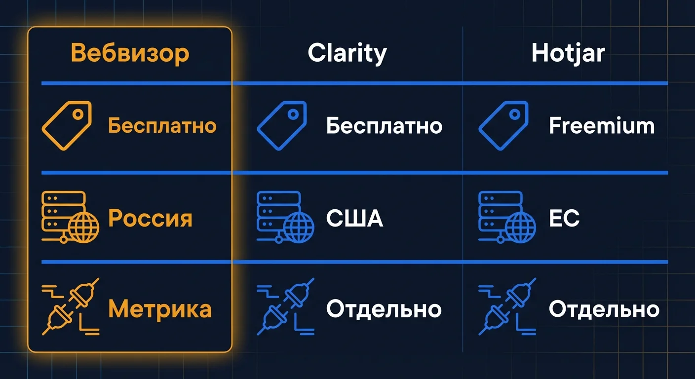 Сравнение инструментов: Вебвизор, Microsoft Clarity и Hotjar -- цена, хранение данных, интеграция