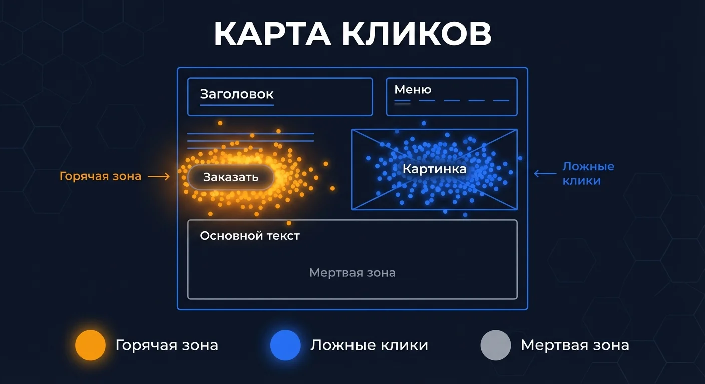 Диаграмма карты кликов на сайте: горячие зоны частых нажатий, ложные клики по картинкам и мертвые зоны
