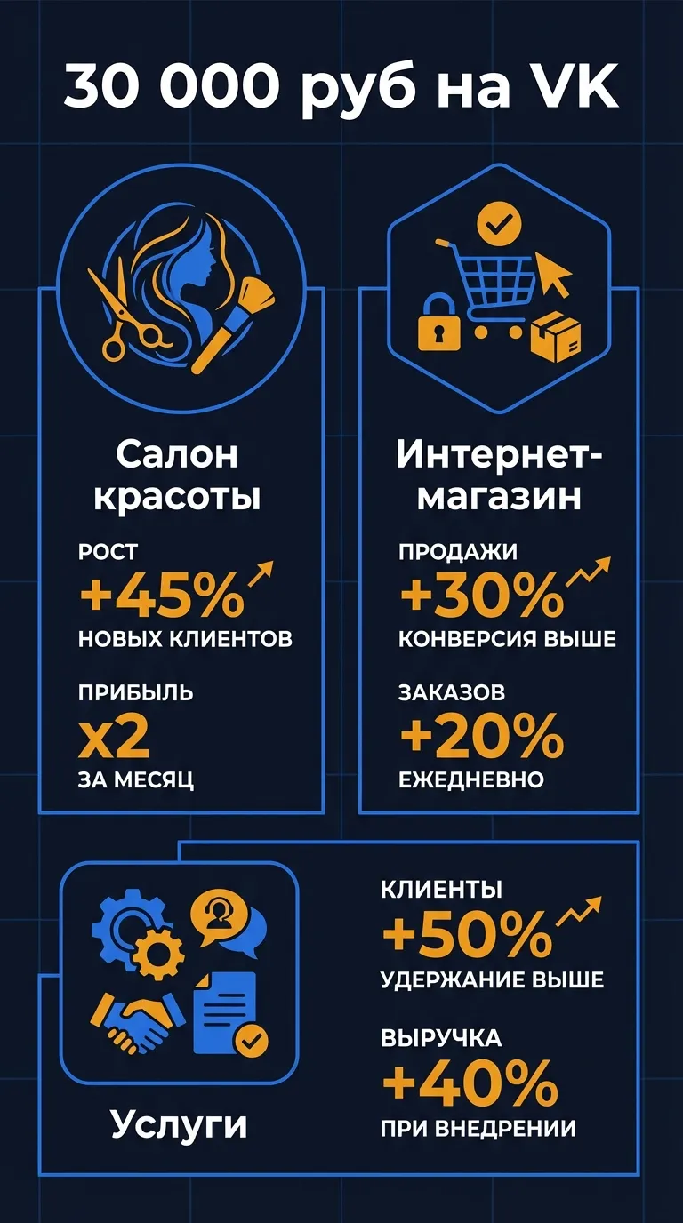 Три сценария распределения 30 000 рублей на рекламу ВКонтакте для локального бизнеса, интернет-магазина и B2B-услуг