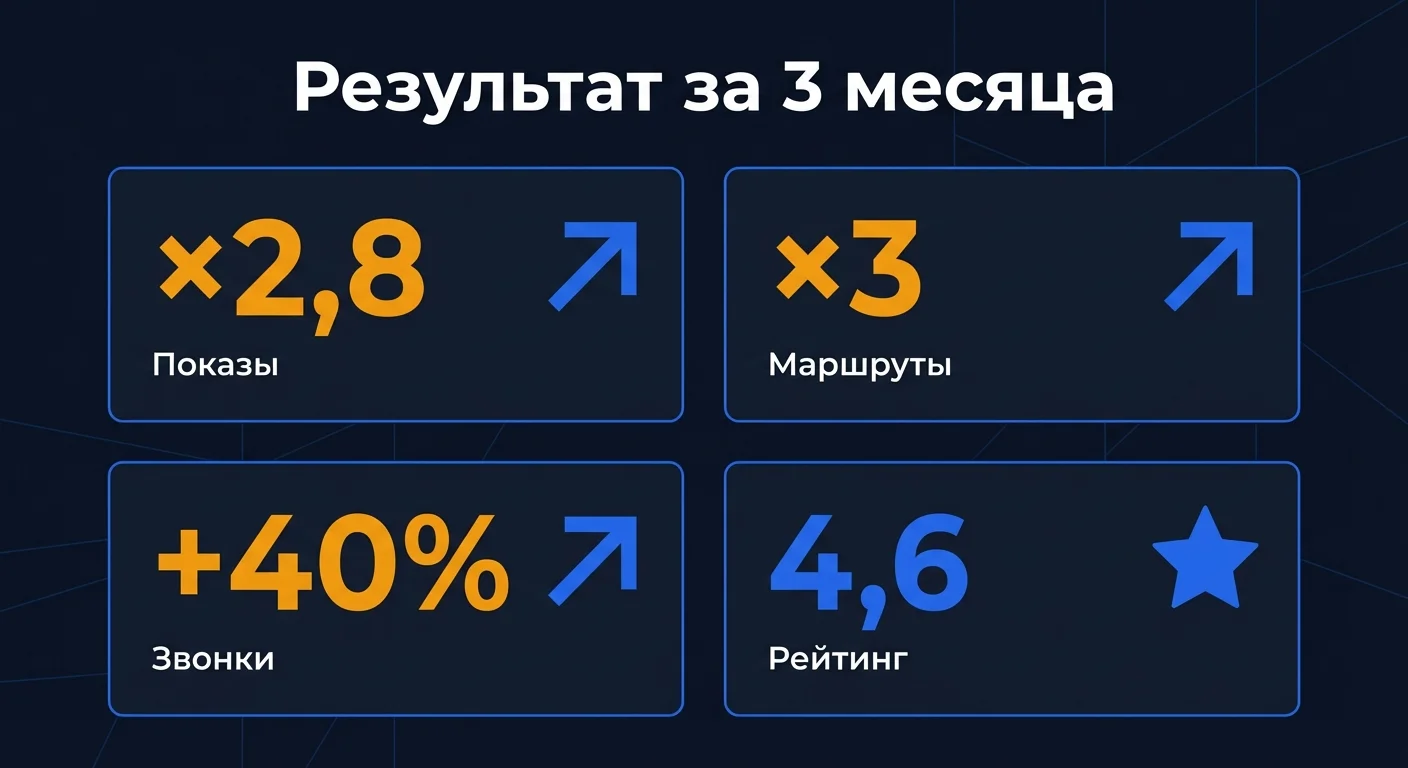 Дашборд с результатами оптимизации карточки за 3 месяца — рост показов в 2,8 раза, маршрутов и звонков