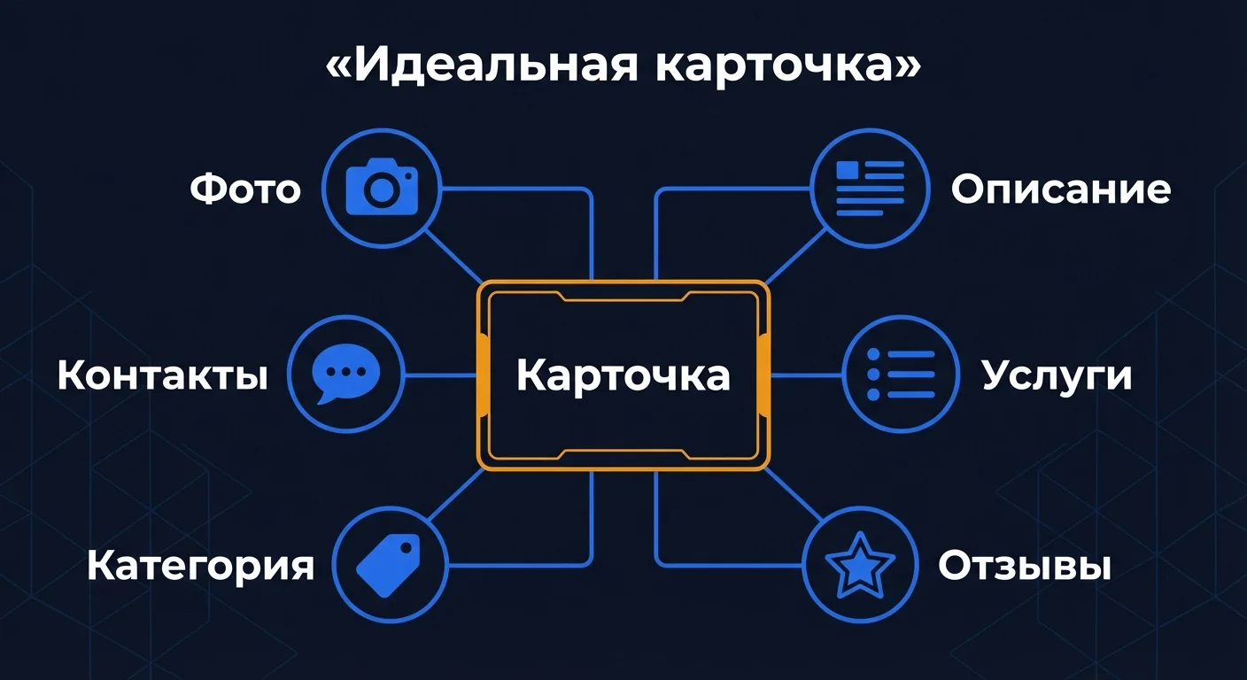 Диаграмма структуры идеальной карточки организации — фото, описание, услуги, отзывы, категория, контакты