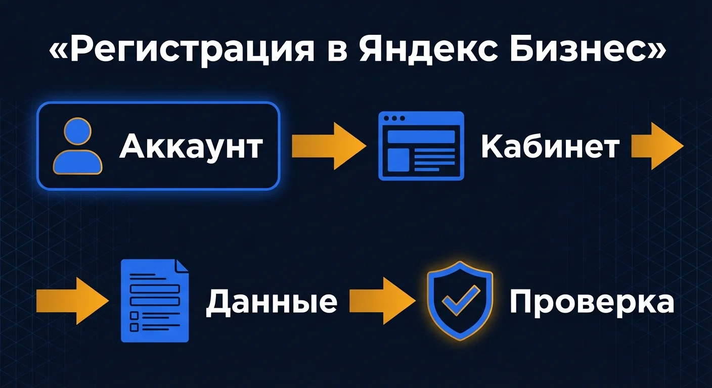 Инфографика: четыре шага регистрации в Яндекс Бизнес — аккаунт, кабинет, заполнение данных и верификация