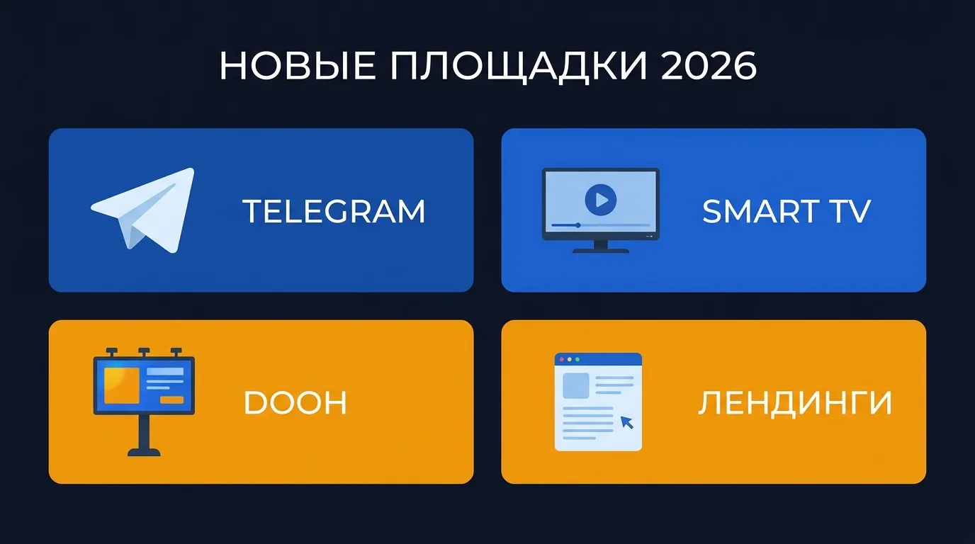 Новые рекламные площадки Яндекс.Директ 2026: Telegram, Smart TV, DOOH, лендинги
