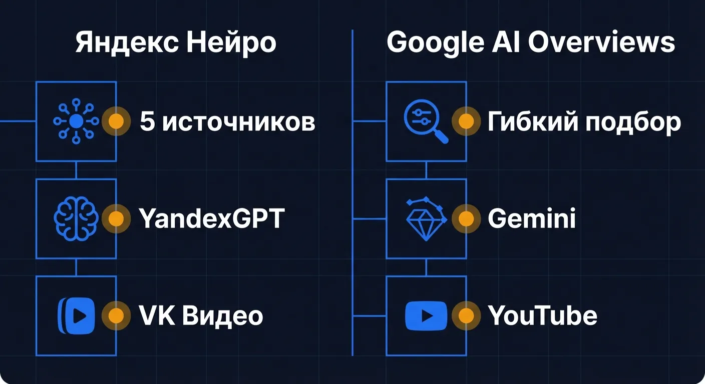 Сравнение Яндекс Нейро и Google AI Overviews: источники, модели, кэширование и триггерные запросы