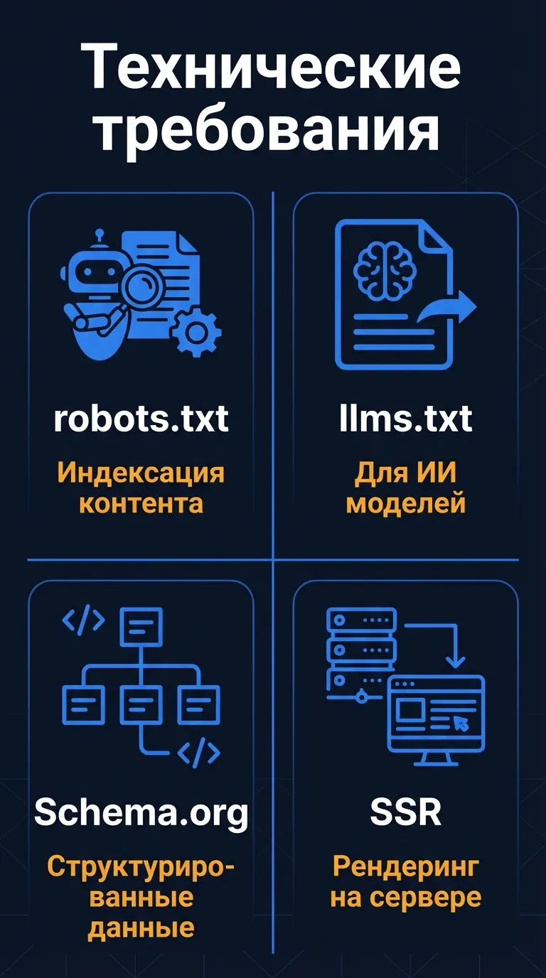 Инфографика технических требований для Яндекс Нейро: robots.txt, llms.txt, canonical, SSR и скорость загрузки