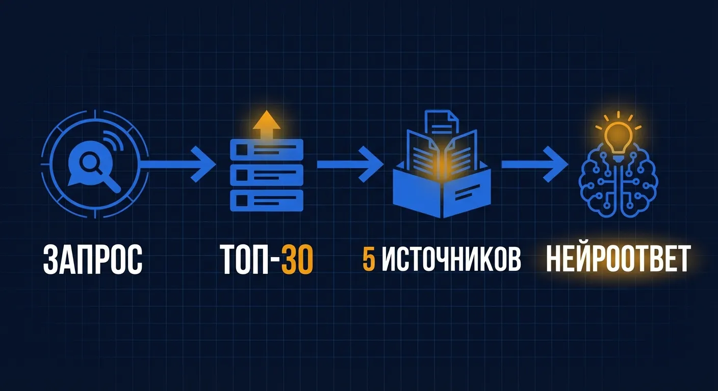 Схема отбора источников Яндекс Нейро: от топ-30 органической выдачи до 5 цитируемых сайтов в ответе